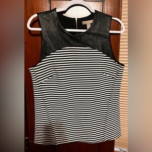 Banana Republic Black/White Striped Tank Top w/ Faux Leather Top & Zipper Accent